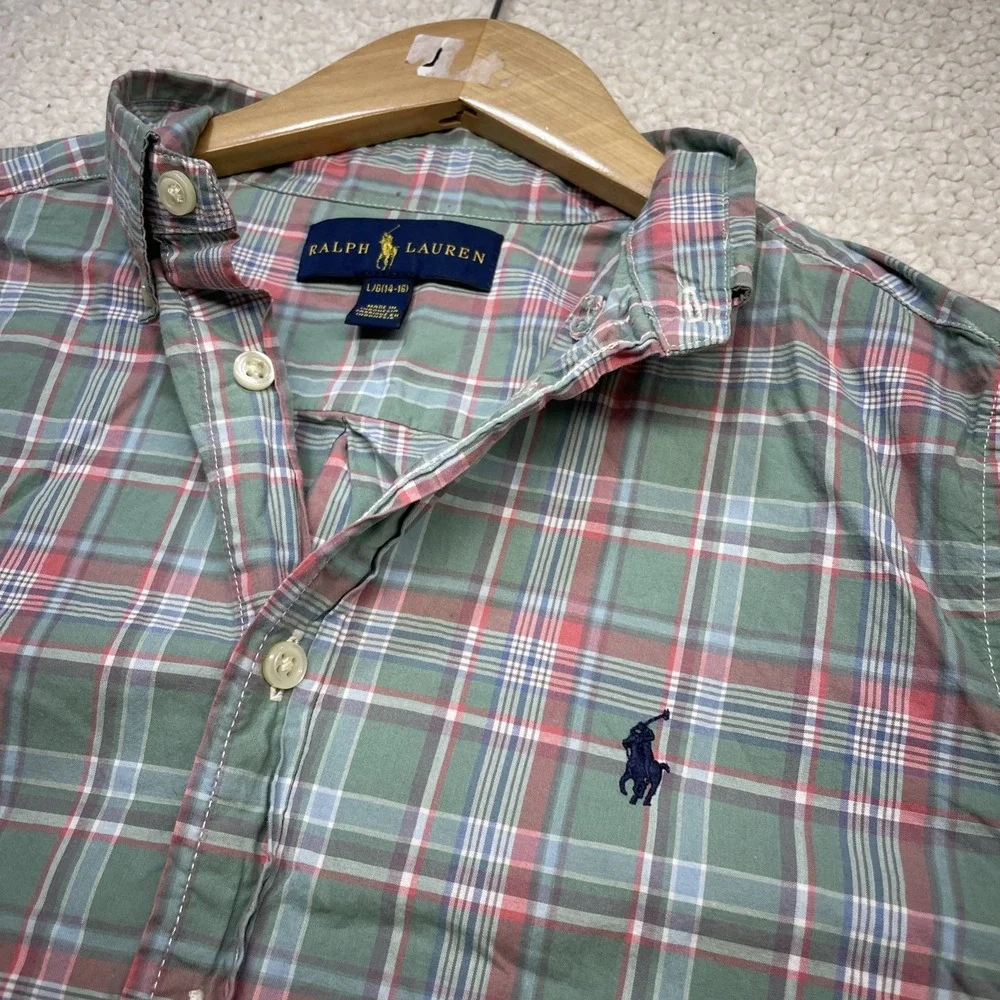 Ralph Lauren Button Down Boys L(14-16) Green Pink Plaid Long‎ Sleeve Pony Shirt
